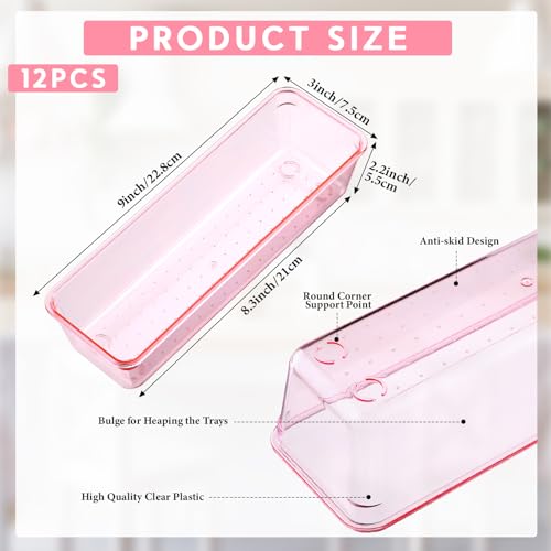 Maitys 12 Pcs Clear Drawer Organizer 9 x 3 x 2 Inches Plastic Rectangle Trays Makeup Vanity Storage Bins and Kitchen Drawers Dividers for Office Desk Silverware Kitchen Utensils(Pink) - color: Pink, size: 9 x 3 x 2 Inches