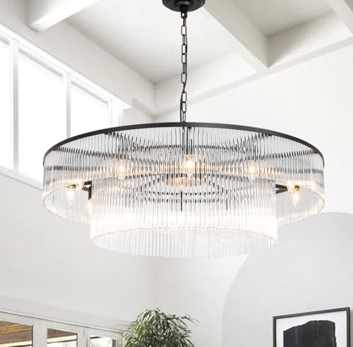 Black Glass Chandelier, Large Modern 2-Tier Glass Rod Chandelier Lighting for High Ceiling Foyer Hall Staircase, 12-Light Round Hanging Ceiling Light Fixture 39" - size: Large Black (39" x 70")