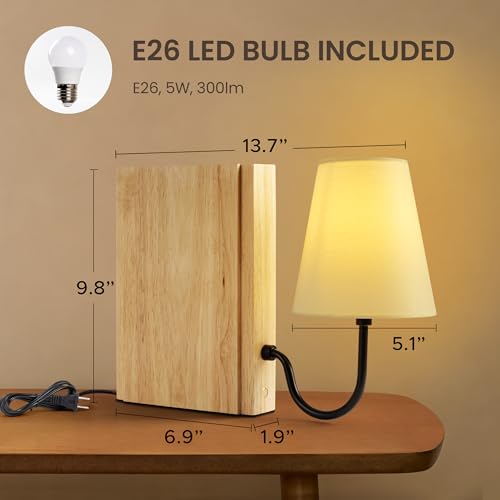 AELS Wooden Bookshelf Lamp with Bulb, Table Lamp with Linen Shade, 3-Color Dimmable Touch Control, Modern Decorative Bookend, Book Sconce for Office Home Bedroom Bookshelf, Natural - color: Natural, size: Plug-in Model