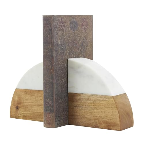 Deco 79 Mango Wood Geometric Decorative Bookends Arched 5 lbs Non Skid Bookends with White Marble Tops, Set of 2 Office Bookends5 W, 5" H, Brown - size: 5"W, 5"H