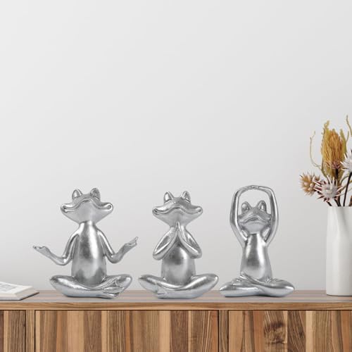 Suoedd Silver Frog Figurines Yoga Decor Set of 3 –Frog Yoga Statues for Modern Living Room Table Office Bookshelf Shelves Home Sculptures Decor, for Mom Dad Women - color: Silver Frog-3