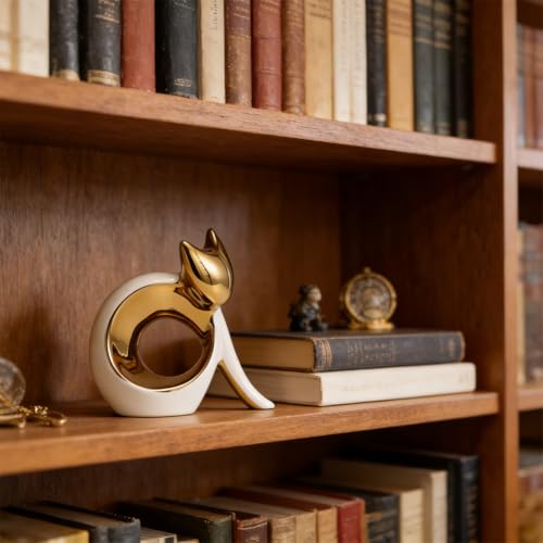 White & Gold Electroplated Ceramic Cat Figurine Sculpture, Modern Minimalist Cat Statue for Office Desk, Shelf Mantel, Cat Statues Home Decor, Small Cat Figurines Decor - size: 5.9in