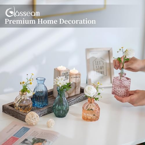 Glasseam Glass Bud Vases for Flower: 5 Colorful Small Vases Set with Rustic Wooden Tray for Home Office Living Room Bathroom - Vintage Table Centerpieces for Birthdays Wedding Housewarming Gifts