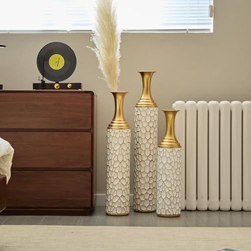 Floor Vases, Tall Home Decor Metal Vase Set of 3 Large Glazed Decorative Vases for Wedding Decor, Elegant Modern Flower Holder for Living Room, Entryway, Hallway, Dining Room - color: Oval White Gold