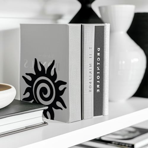 Peacoblue Metal Bookends for Shelves, Modern Decorative Heavy Duty Study Book Support Stoppers for Office, Desk, Shelf, Room 5.3"x4.3"x5.5" Cast Iron Simple Tall Bookends, 1 Pair (Sun) - style: Sun