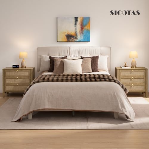 SICOTAS Night Stand with Drawers, Large Rattan Bedside Table with Golden Handle, 3 Drawers Nightstand Tall End Table Side Table Boho Nightstand for Bedroom - color: Carbon Cherry