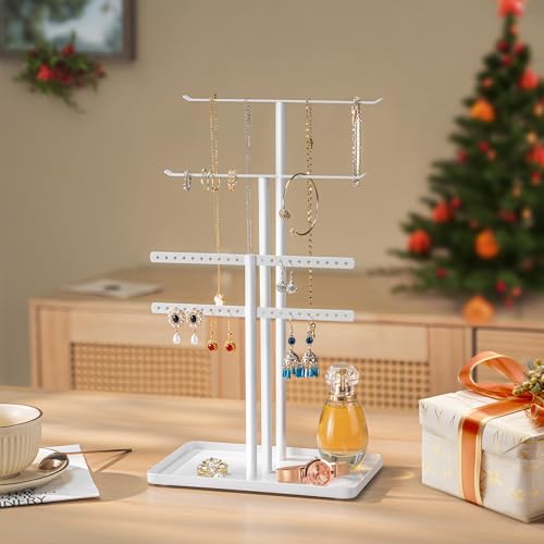 pickpiff Jewelry Stand Organizer, 14.5" Tall Sturdy Metal, 3-TierJewelry Holder for Necklace, Earring, Bracelet, Ring, Hanger for Display and Storage, Aesthetic Room Decor, White - color: White, size: 14.5" Height