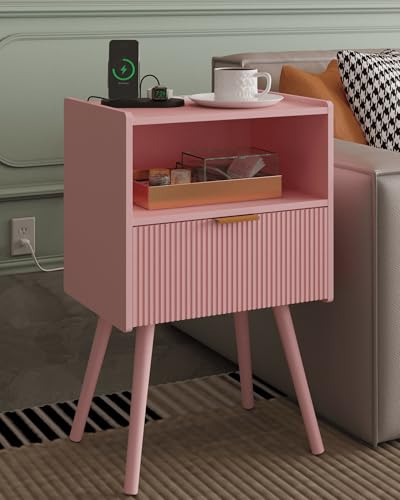Veegle Nightstand,Modern Bedside Table with Storage Drawer and Open Wood Shelf, Accent Night Stand with Solid Wood Legs for Living Room, Bedroom and Small Spaces,Easy Assembly (Pink-Outlet) - color: Pink-outlet