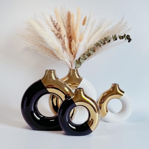 White and Gold Donut Vase, Modern Ceramic Vase for Pampas Grass, Perfect Centerpiece for Weddings, Living Room, and Office Decor (Black Gold, Set(S+L)) - color: Black Gold, size: SET(S+L)