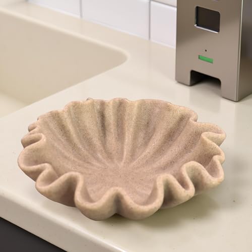 10" Large Handmade Decorative Bowl decor , Handicraft Scalloped Bowls for Modern Home Decor,Ruffle Decor,Key Bowl for Entry Table,Decorative Fruit Bowl for Kitchen Counter,Artificial Stone Beige - color: Beige, size: 10inch