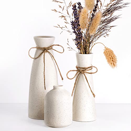 NiHome White Ceramic Vase Set of 3, Small Boho Flower Vases for Home Rustic Decor Flower Pampas, Fit for Mantel Office Living Room Coffee Table Shelf Farmhouse Fireplace Hallway Decor Centerpieces