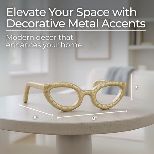 Cateye Glasses Decorative Object – Aluminum Sculpture Modern Home Decor Ornament – Shelf Styling & Coffee Table Decor for Bathroom, Office & Living Room – 7"x3", Gold - color: Gold Cateye