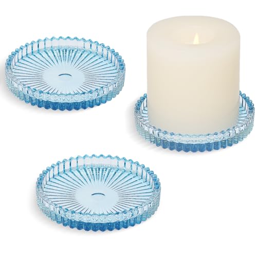 Glass Pillar Candle Holder, 4" Blue Candle Plates Set of 3, Glass Candle Holders for Wedding, Party, Holiday, Home Decor, Table Centerpiece - color: Blue, size: 3 pcs