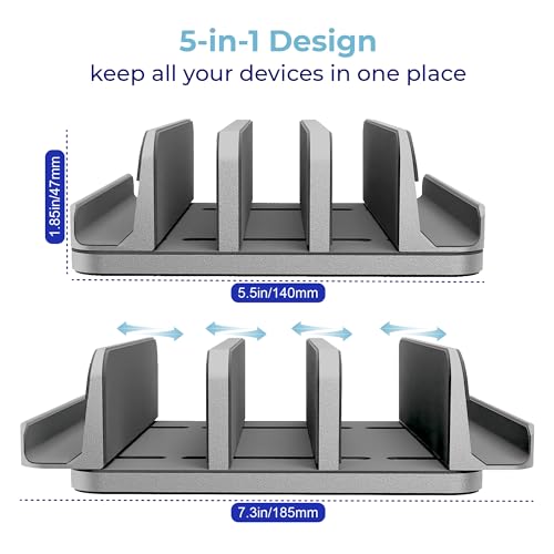 Vertical Laptop Stand Holder 5 Slots, Aluminum Space-Saving Laptop Holder, Adjustable Size Dock Tabletop Desk Organizer 3 Slot + 2 for Apple MacBook/Surface/PC/Tablet/iPad/iPhone (Space Gray) - color: Space Gray