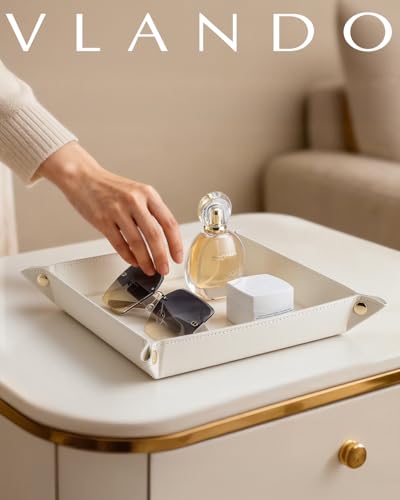 VLANDO Valet Tray,Nightstand Organizer Vanity Catchall Holder for Dresser Desk Storage Bedside, Travel PU Leather Jewelry Key Bowl Coin Watches and Candy Entryway Tray - Large, Beige - color: Z.Beige