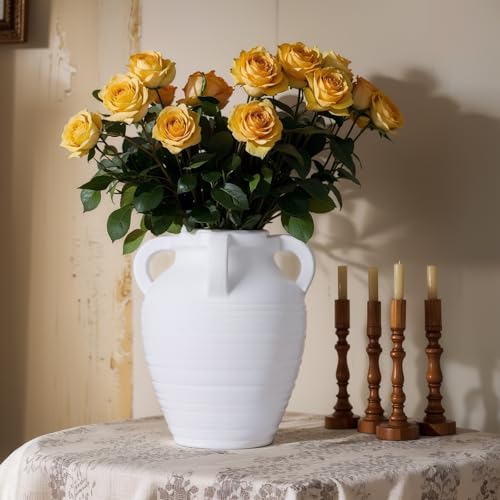Handmade White Vase - 10" Tall Terracotta Vases with 4 Ear Design, Wide Mouth Vintage Vases, Rustic Antique Decor Matte Finish White Ceramic Vase for Home Decor, Living Room, Table, Fireplace Decor - color: White, size: Large