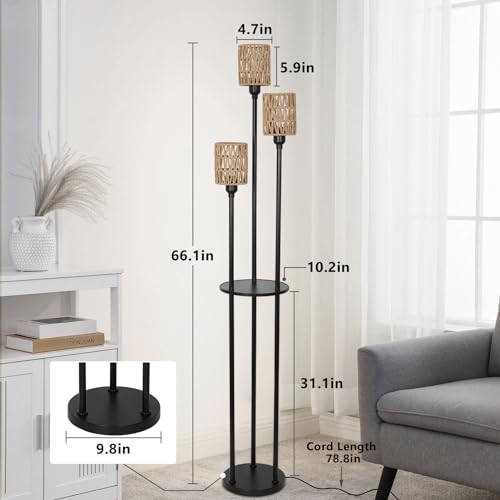 Dimmable Boho Floor Lamps for Living Room, 3-Lights Farmhouse Floor Lamp with 3-Way Foot Switch, Rattan Floor Lamp with Shelves, Rustic Standing Lamp with Rattan Shades, Tall Lamps for Bedroom - style: Dimmable Black-Rattan Shade