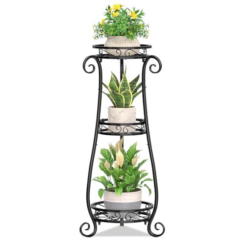 KMOTASUO 3 Tier Metal Plant Stand Indoor, 34 Inch Tall Corner Plant Stands for Indoor Plants, Flower Pot Holder Shelf Display Rack for Balcony Garden Patio Living Room(Black) - color: Black, size: 3 Tier