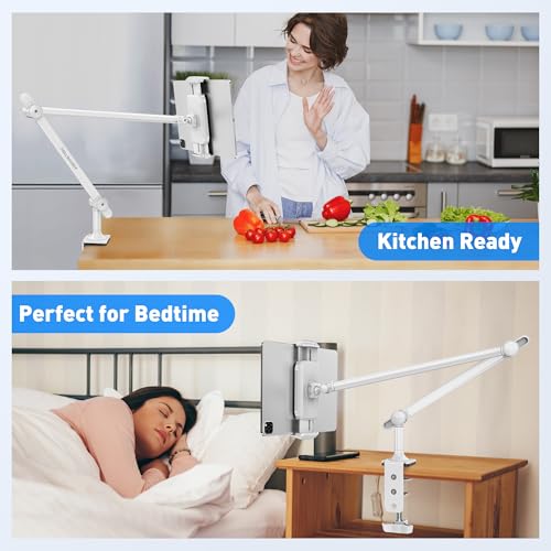 AboveTEK Tablet Stand Holder for Desk & Bed, Aluminum iPad Holder Arm with 360° Rotating Clamp, Adjustable Phone Stand Compatible with 4.7"-13.5" iPad Pro/Air/Mini, iPhone, Galaxy Tab- White - color: White