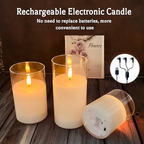 Rechargeable Flameless Candle, Flashing LED Pillar Real Wax Candle with Remote Control and Timer, Teardrop Wick, Clear Glass Electronic Candles, 1 Set of 5 - color: White Glass -Droplet 5P