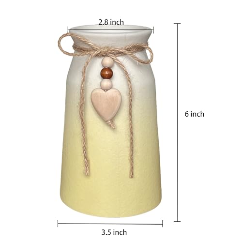 6-Inch Ceramic Flower Vase with Jute Rope & Heart Charm | Perfect for Boho, Farmhouse & Modern Home Décor, Yellow - color: Yellow