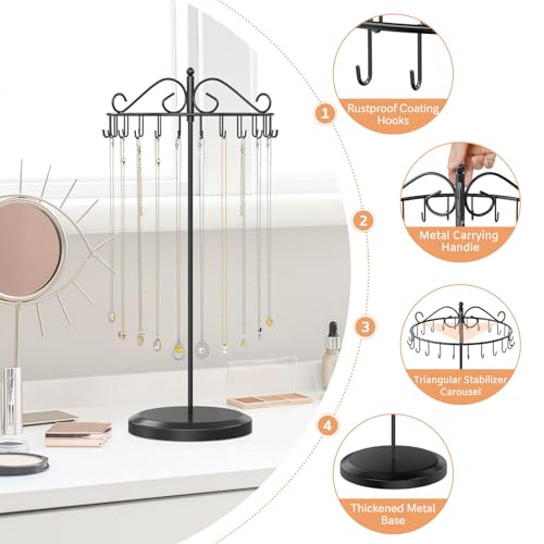 iDavosic.ly Rotating Necklace Holder Organizer with 24 Hooks, Adjustable Metal Bracelet Display Stand Rack, Extra Tall Keychain Spinning Tree Tower for Women, Black - color: Black - 1 Tier