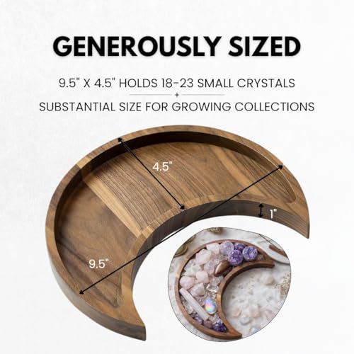 Walnut Moon Crystal Display Tray - Gothic Wooden Altar Tray 9.5" x 4.5" for Crystals and Stones Storage - Solid Wood Jewelry Organizer Dish - Spiritual Decor - color: Walnut