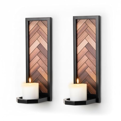 Herringbone Wood Candle Sconces, Set of 2 Wall-Mounted Pillar Candle Holders, Antique Classical Wooden Candleholder for Farmhouse, Living Room, Bedroom, Rustic Home Decor - color: Herringbone