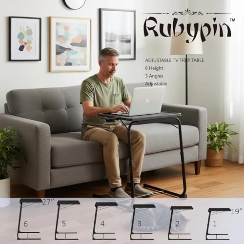 Rubypin Multifunctional TV Tray Table – Adjustable Dinner Folding Table for Bed & Sofa with Cup Holder, 6 Height Settings & 3 Tilt Angles (Black)