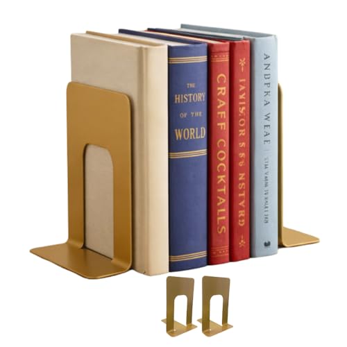 Alessk Gold Metal Bookends for Shelves – Heavy Duty Decorative Bookends for Heavy Books – Modern Book Ends for Home Office Bookshelf – 1 Pairs (2 Pieces) - color: Gold 1 Pair