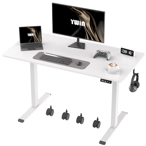 Ywin Electric Height Adjustable Standing Desk with Wheels, 63 x 24 inches Ergonomic Stand Up Desk for Home Office - color: White-1