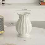 White Vase, Modern Ceramic Flower Vase for Home Décor, Wavy Edge Ribbed Design Pedestal Vases, Minimalism Flared Vases for Living Room Table Centerpieces (7.5" H x 4.5" W)