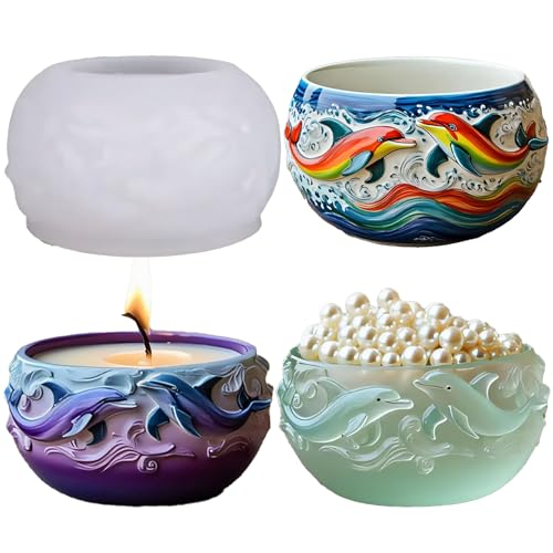 1Pc Dolphin Jar Silicone Mold, 3D Ocean Wave Bowl Resin Mold for Epoxy Casting Succulent Planters, Concrete, Clay, Candle Holders, Storage Box, Trinket Dishes DIY Home Decor Handmade Gifts - color: Dolphin Resin Mold