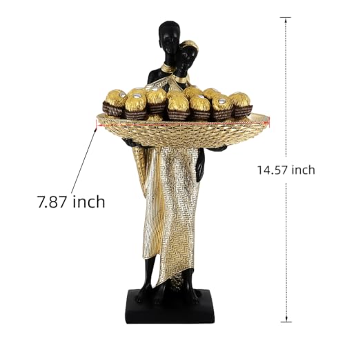 African Couple Resin Tray Sculpture – Black and Gold Decorative Bowl Statue for Entryway, Vanity, Coffee Table, Key Candy Jewelry Holder, Ethnic Art Home Decor Gift - color: 310gold