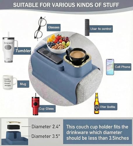 Luxury Gold Trim Couch Cup Holder Tray - Weighted Silicone Anti-Spill Sofa Armrest Organizer, Non-Slip Recliner Tray Table for Drinks, Remote, Phone - Fits Most Couch Arms, Home Gift,Blue - color: Blue