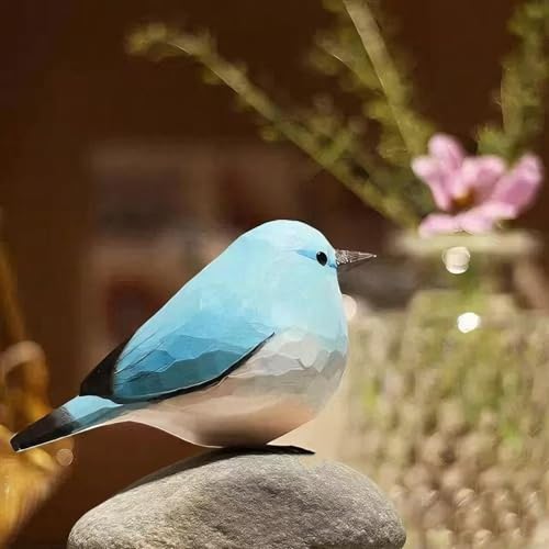 Handmade Wooden Blue Robin Figurine - 3.7" Hand-Carved & Painted Bird Statue - Solid Basswood Animal Sculpture for Home Office Decor, Holiday Ornaments & Memorial Gift for Bird Lovers - color: Blue