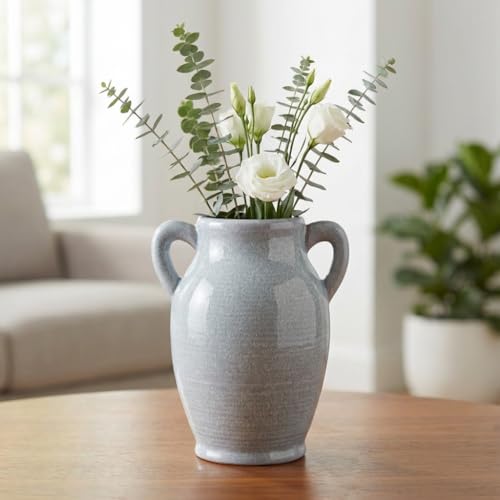 Sunddo Blue Ceramic Vase with 2 Handles, Modern Pottery Flower Vase, Texture Decorative Vases for Pampas Grass, Farmhouse Decor, Centerpiece for Dining Table Console Shelf Bookshelf Mantle - color: Light Blue - 8, size: 8 Inch