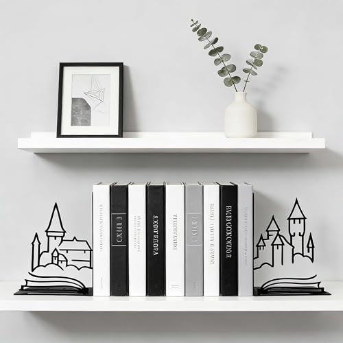 Matte Black Iron Decorative Bookends for Shelves, Fantasy Castle Book Ends for Heavy Books, Unique Vintage Bookends for Kids Books, Metal Book Holders for Bookshelf Decor - color: Fantasy Castle
