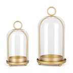 Versatile Metal Candle Holder Set with Handmade Glass Dome,Antique Brass Pillar Candle Stand, 5.2" & 4.1" Wide for Tabletop or Hanging, Industrial & Farmhouse Decor