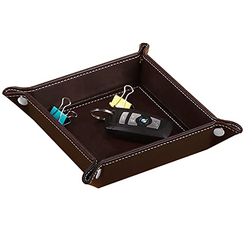 YAPISHI Key Dish Bowl for Men, Entryway Catchall Holder Bedside Table Valet Tray for Pocket Stuff, PU Leather Nightstand Organizer for Dice/Coins/Wallet/Watch/Rings/Sunglasses, Dresser/Coffee Table - color: Brown