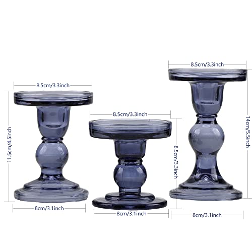GMWD 3 Pcs Glass Candle Holder Set Clear, Blue Candlesticks Holders Pillar Taper Candles Tealight Stand for Wedding Centerpieces Home Decorations Dining Table - color: Blue