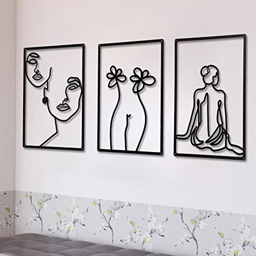 CHENGU 3 Pieces Metal Minimalist Abstract Woman Wall Art Line Drawing Wall Art Decor Single Line Female Home Hanging for Kitchen Bathroom Living Room - style: Back Style