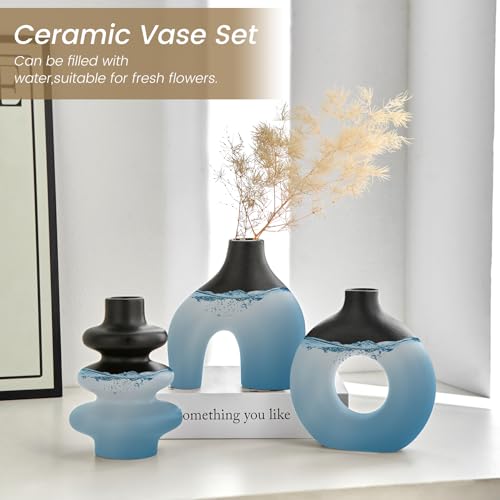 Black Ceramic Vase Set of 3, Small Flower Vases for Pampas Grass, Modern Boho Vase for Decor, Round Black Vases Centerpieces for Wedding Living Room Bedroom Coffee Table Entryway - color: Black