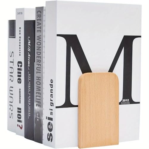 Heavy Duty Wooden Bookends Non Slip Book Shelf Holder for Books CDs and DVDs Stylish Home Office Accessory (Beige)