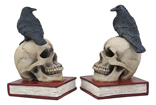 Ebros Edgar Allan Poe Harbinger of Doom and Bad Omens Raven Crow Perching On Skull with Ancient Book Pair of Bookends Statue 7.5" Tall Bibliography Gothic Macabre Ossuary Figurine As Halloween Decor