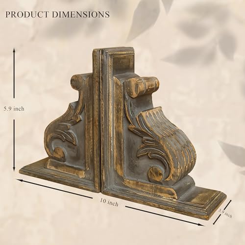 Vintage One Pair of Distressed-Finish Wooden bookends with a Carved Pattern, Perfect for Shelves, Heavy bookends for Books, and Modern Accent for Living Room,Office (Rustic Grey) - color: Rustic Grey