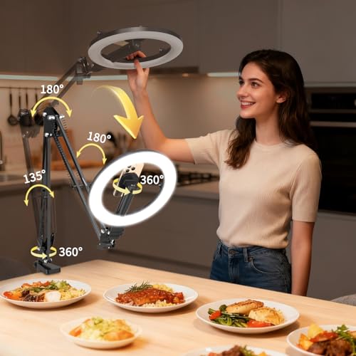 Magnetic Overhead Phone Mount with 10” Ring Light, 5000mAh Flexible Articulating Circle Lamp Table Tripod, iPhone Stand for Video Recording Cooking Nail, Zoom Meeting, Live Streaming Tiktok