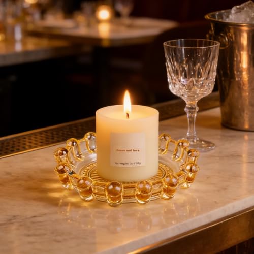 Glass Candle Holder Tray – Decorative Bubble Candle Dish for Home Decor Jewelry Holder Dish Tea Light & Votive Display Glass Plate Accessory - color: Amber