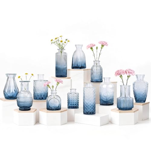 Bud Vases Set of 12, Small Mini Glass Vases for Centerpieces - Elegant Vintage Style - Perfect for Table Decor, Wedding, Party Centerpieces - Great Gift for Home Decor Lovers (Ombre Blue) - color: Ombre Blue-12pcs