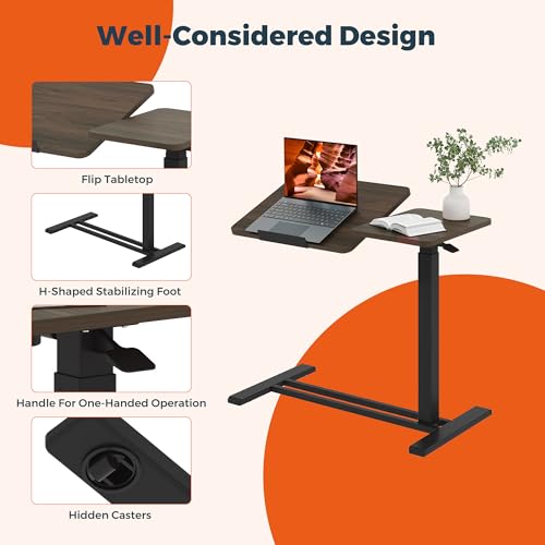 Adjustable Overbed Bedside Table with Wheels, Pneumatic Tilting Desktop Mobile Standing Desk, Rolling Laptop Desk for Bed, Sofa, or Hospital Use, (31.6" W x 15.7" D, Mahogany)